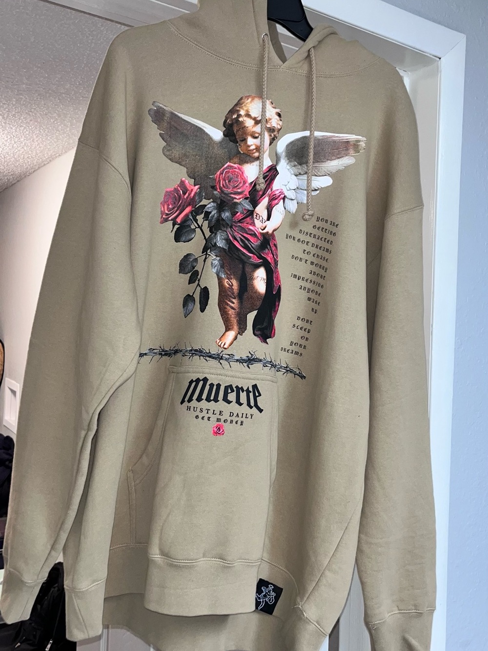 Nordstrom Beige Hoodie with Angel and Rose Graphic